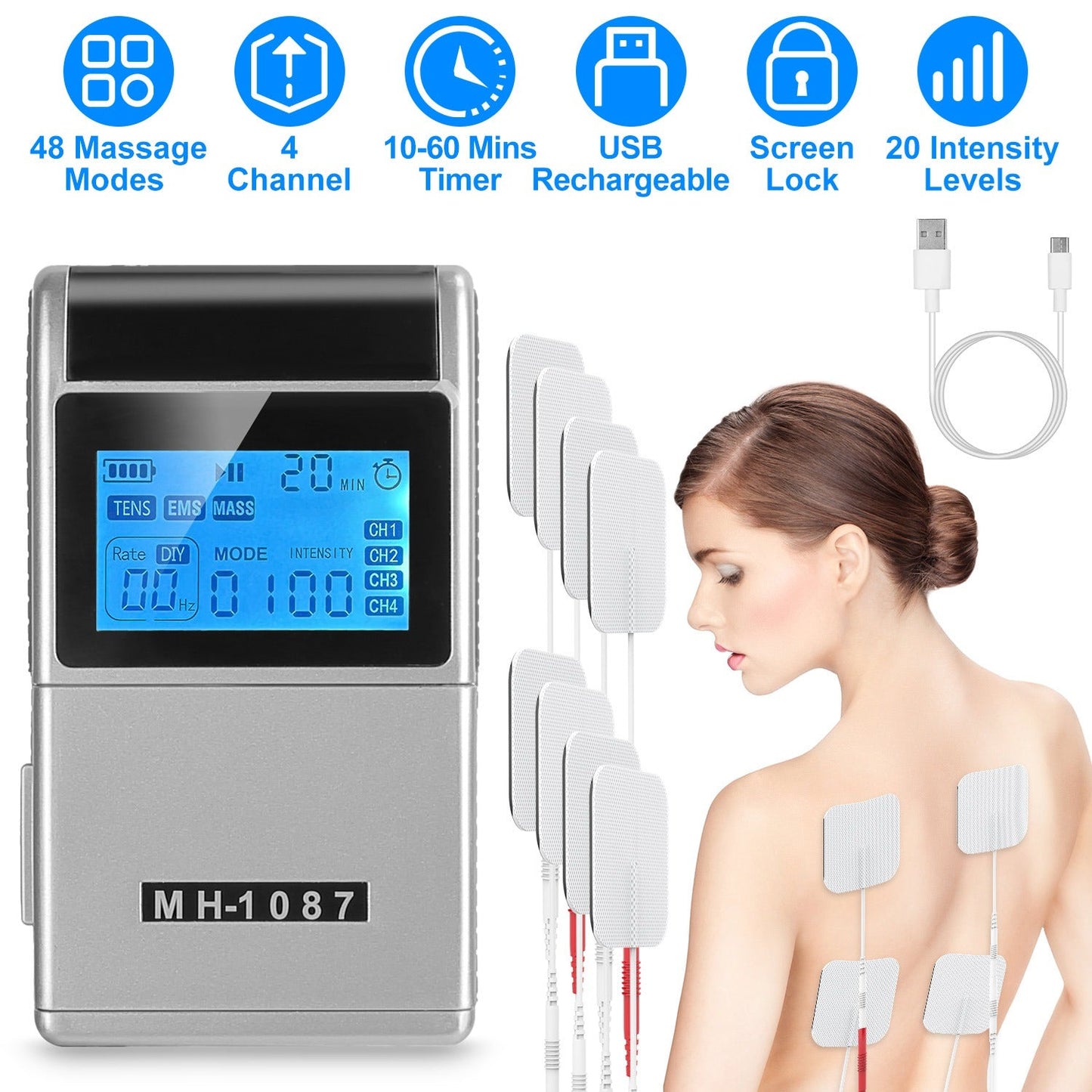 1Pc 4 Channel TENS Unit Muscle Stimulator Rechargeable Digital TENS