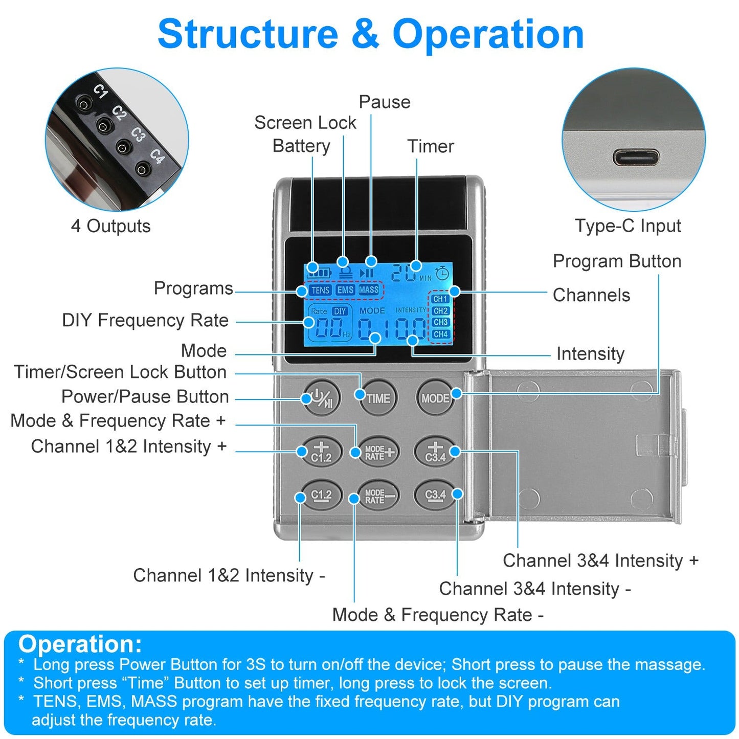 1Pc 4 Channel TENS Unit Muscle Stimulator Rechargeable Digital TENS