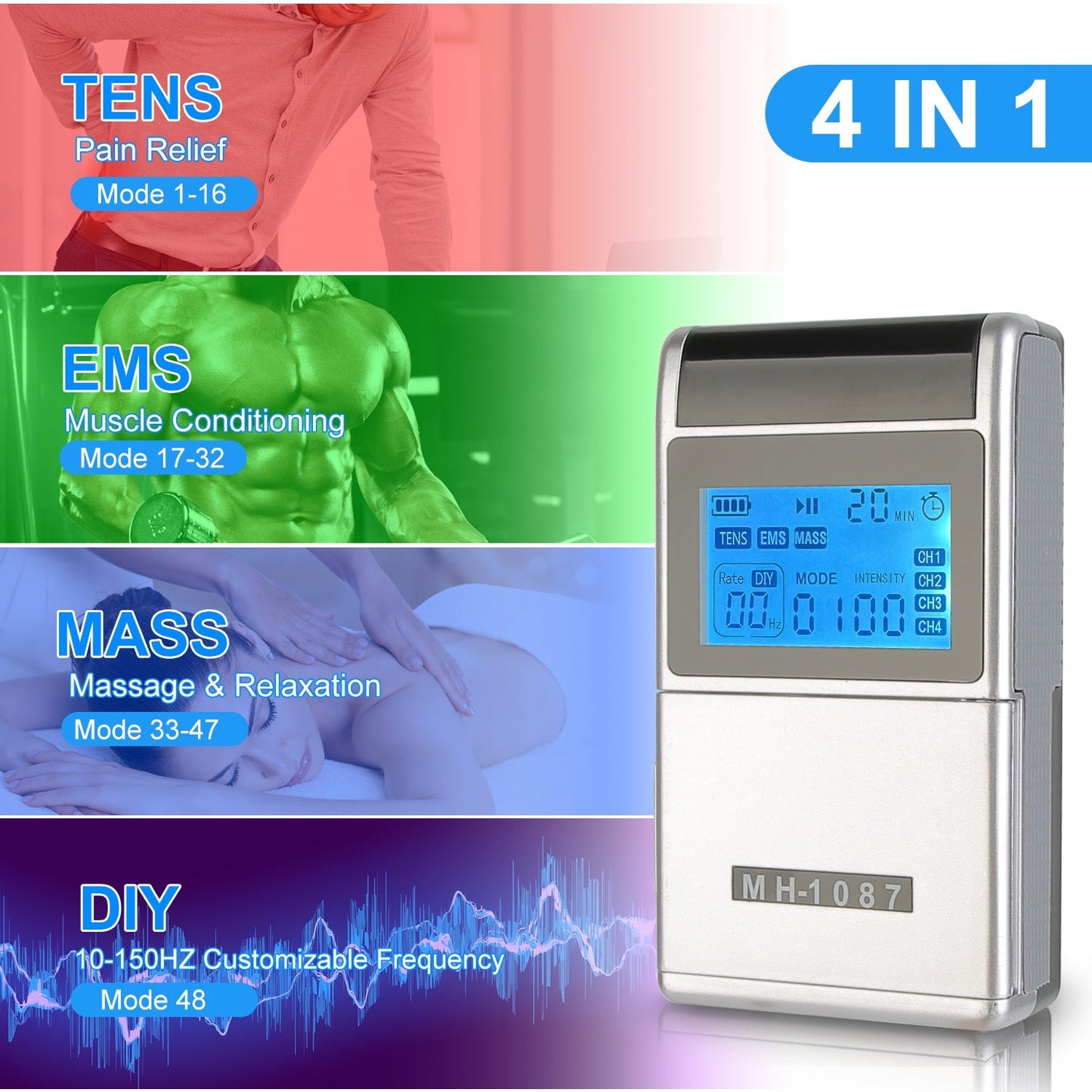 1Pc 4 Channel TENS Unit Muscle Stimulator Rechargeable Digital TENS